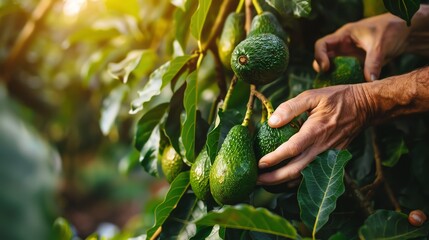 Hands delicately plucking avocados, golden light in orchard, rich green foliage, isolated, fresh...