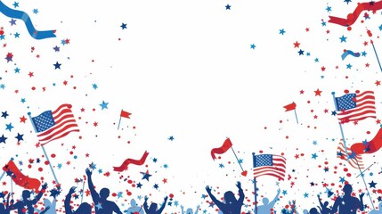 Obraz premium A vector image of an Independence Day parade with floats and people waving flags, set against a clean, white background with plenty of copy space