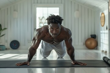Fototapeta premium Man doing push-ups on a yoga mat in a bright room.