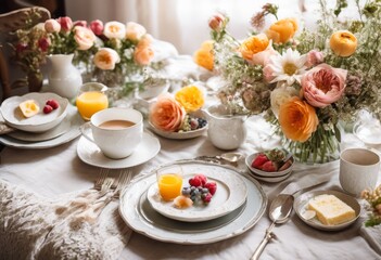 romantic breakfast setting fresh flowers bedspread, petals, morning, sunlight, cozy, home, decor, relaxation, elegant, luxury, lifestyle, comfortable, beautiful