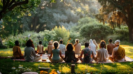 A diverse group of people meditating in a serene garden
