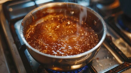 Homemade caramel sauce bubbling away in a saucepan on the stove