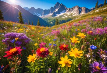 Fototapeta premium vibrant wildflowers blooming lush alpine meadow landscape, colorful, flora, scenery, picturesque, greenery, grassland, botany, plant, beautiful, outdoors, summer