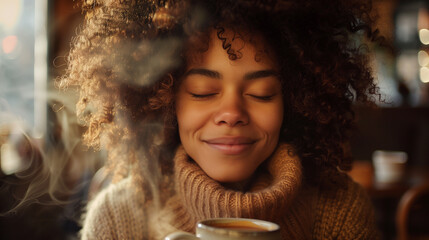 Young woman enjoying a hot drink in a cozy cafe setting