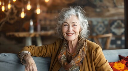 Senior woman beaming with happiness, indoor setting, warm lighting, modern decor, isolated, positive and lively, copy space