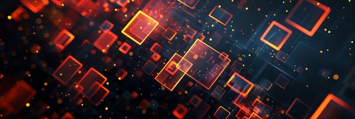 A dark background with orange and red geometric shapes, including squares and lines, arranged in an asymmetrical pattern