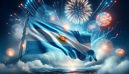 Argentina Independence Day celebration background with fireworks and large waving flag.