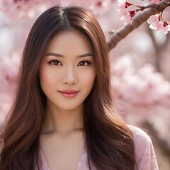 Naklejka premium Pretty Asian beauty woman long hair with japanese makeup glowing face and healthy facial skin portrait smile on isolated cherry blossom background