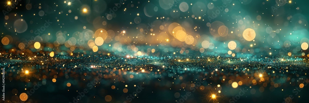 Poster dark blue background with bokeh lights and particles, with a glowing effect on a dark black backgrou