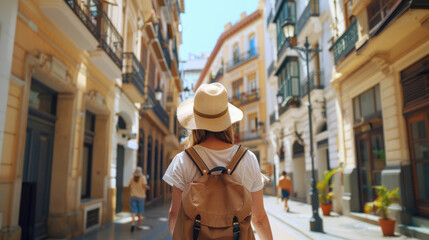 Backview of Tourist in Malaga, Spain - Hat and Backpack on Summer Day