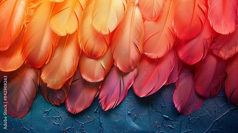Poster a close-up of colorful bird feathers arranged neatly on a cracked surface highlights texture and col