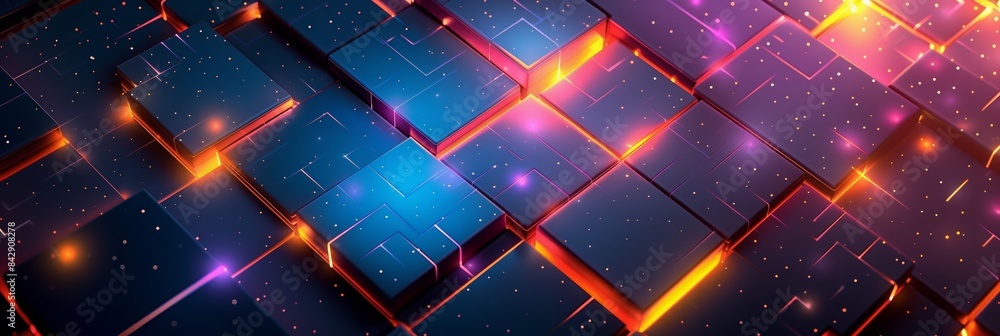 Poster abstract background with dark blue, purple and orange gradient color blocks arranged in an artistic 