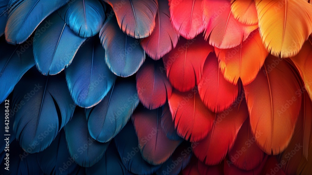 Poster the image shows a rich texture of blue and red overlapping feathers with a focus on detail and color