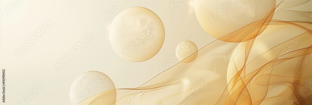 Poster abstract background with golden circles and geometric shapes on a light beige, blending into the fog