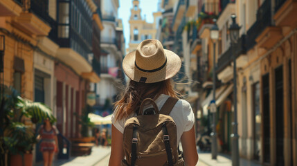 Fototapeta premium Backview of Tourist in Malaga, Spain - Hat and Backpack on Summer Day