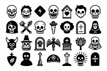 icons, skull, set, halloween, vector, illustration, sign, black, icon, symbol, pattern, design, football, web, seamless, flower, alphabet