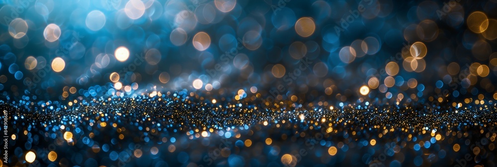 Poster dark blue background with bokeh lights and particles, with a glowing effect on a dark black backgrou