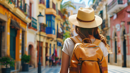 Obraz premium Backview of Tourist in Malaga, Spain - Hat and Backpack on Summer Day