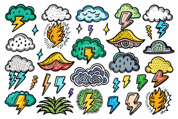 weather icons, sunny, cloudy, rain, storm, snow