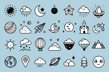 weather icons, sunny, cloudy, rain, storm, snow