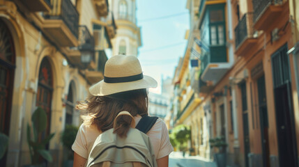 Backview of Tourist in Malaga, Spain - Hat and Backpack on Summer Day