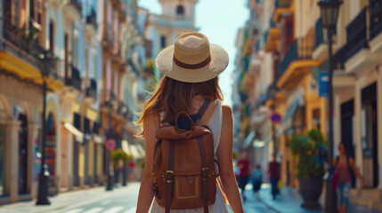 Backview of Tourist in Malaga, Spain - Hat and Backpack on Summer Day