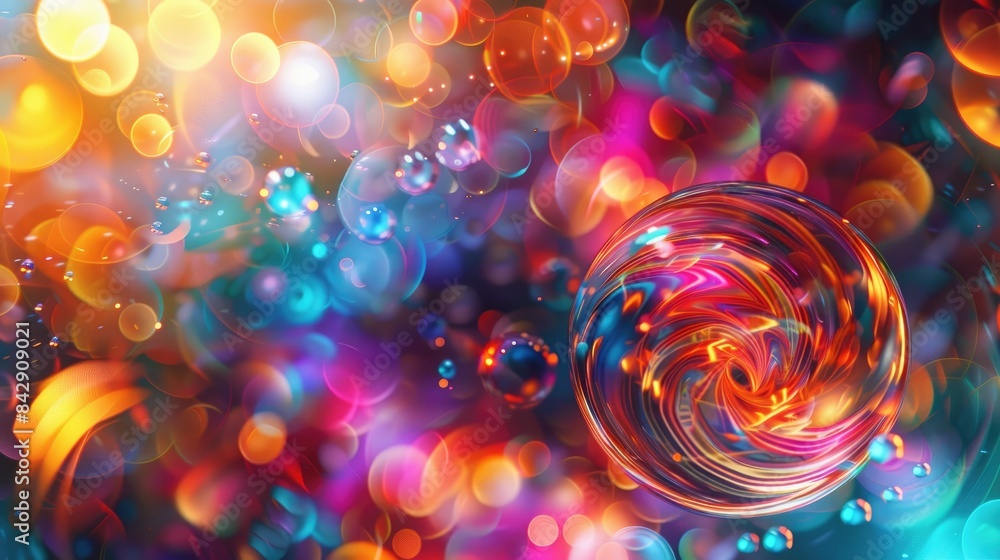Poster Abstract texture with vibrant colors on a blurred background of bright light and circular patterns