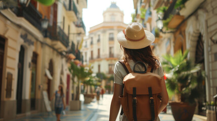 Obraz premium Backview of Tourist in Malaga, Spain - Hat and Backpack on Summer Day