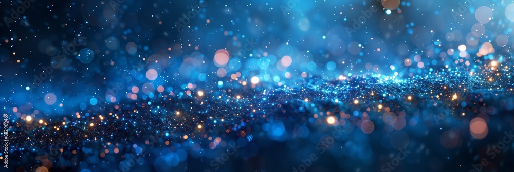 Poster dark blue background with bokeh lights and particles, with a glowing effect on a dark black backgrou