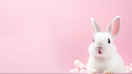 Obraz premium cute animal pet rabbit or bunny white color smiling and laughing isolated with copy space for easter background, rabbit, animal, pet, cute, fur, ear, mammal, background, celebration, generate by AI