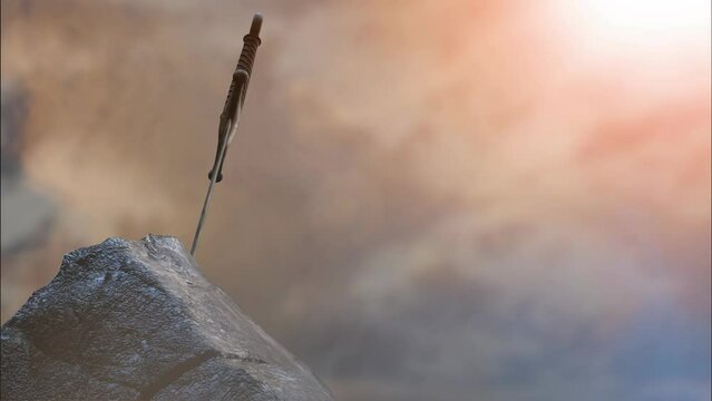 A close-up of a sword in stone from the medieval legend of King Arthur 