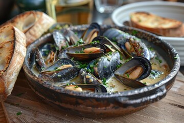 Moules Marinies A steaming bowl of Moules Marinia&acute;res with mussels in a white wine and garlic sauce. Served with crusty bread for dipping.