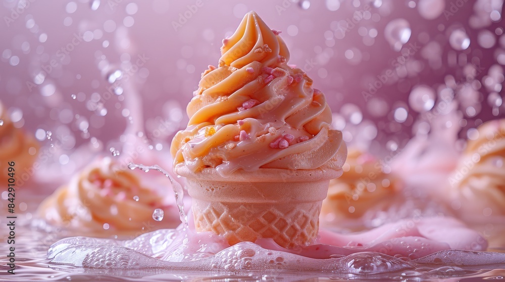 Poster close-up of a soft-serve ice cream cone with a caramel drizzle and pink sprinkles against a wet back