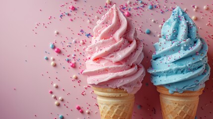 Two soft serve ice cream cones in pink and blue colors with colorful sprinkles on a pink background