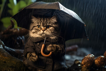 cat with umbrella in the rain