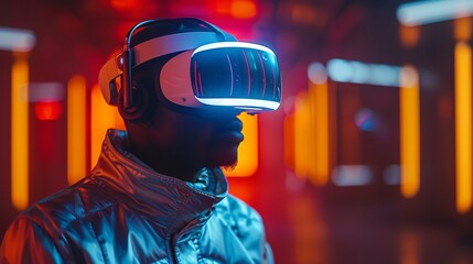 Obraz premium A person wears a VR headset, immersed in a neon-lit futuristic environment, suggesting advanced technology and virtual reality experiences