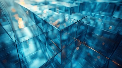 An abstract image with an array of blue geometric shapes and bokeh light effects, giving a sense of technology and digital networks