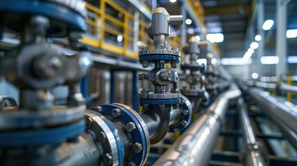 Fototapeta premium Industrial Pipeline System with Valves and Connectors in a Modern Factory