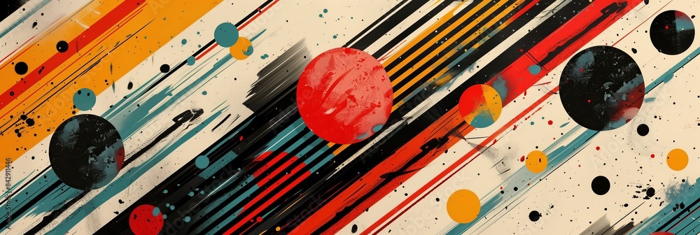 Poster generate an abstract pattern with dots and stripes in retro colors, reminiscent of the style found i