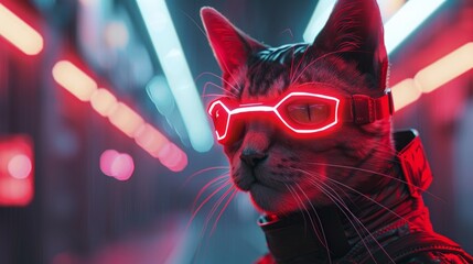 A futuristic cat wearing orange cyber goggles with a glowing interface, set in a high-tech, digital environment.
