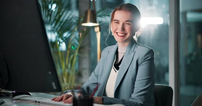 Portrait, woman and happy in office with computer at night for online research, internship and career growth. Female person, employee and smile with pc at work on desk as programmer or coder