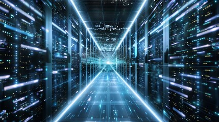 Shot of Corridor in Working Data Center Full of Rack Servers and Supercomputers with Internet connection Visualization Projection, technology, digital, futuristic, future,