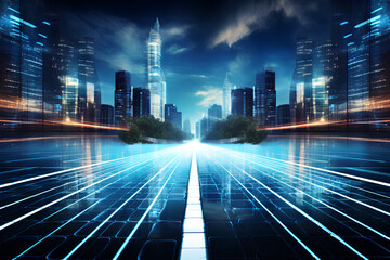 City street with binary code numbers on motion blurred asphalt road speed and faster digital matrix technology information concept