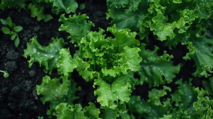 Fresh green lettuce plants growing in dark soil, showcasing vibrant, healthy leaves in a garden setting.