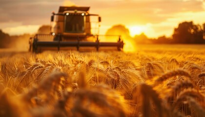 Fototapeta premium Golden wheat field being harvested by a combine during a beautiful sunset, showcasing agricultural machinery and countryside landscape.