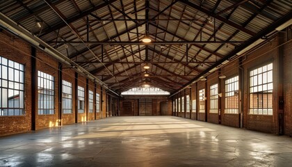 Interior of a large, empty industrial warehouse with high ceilings.