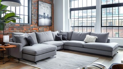 A modern grey sectional sofa sits in a spacious loft apartment with exposed brick walls and large windows