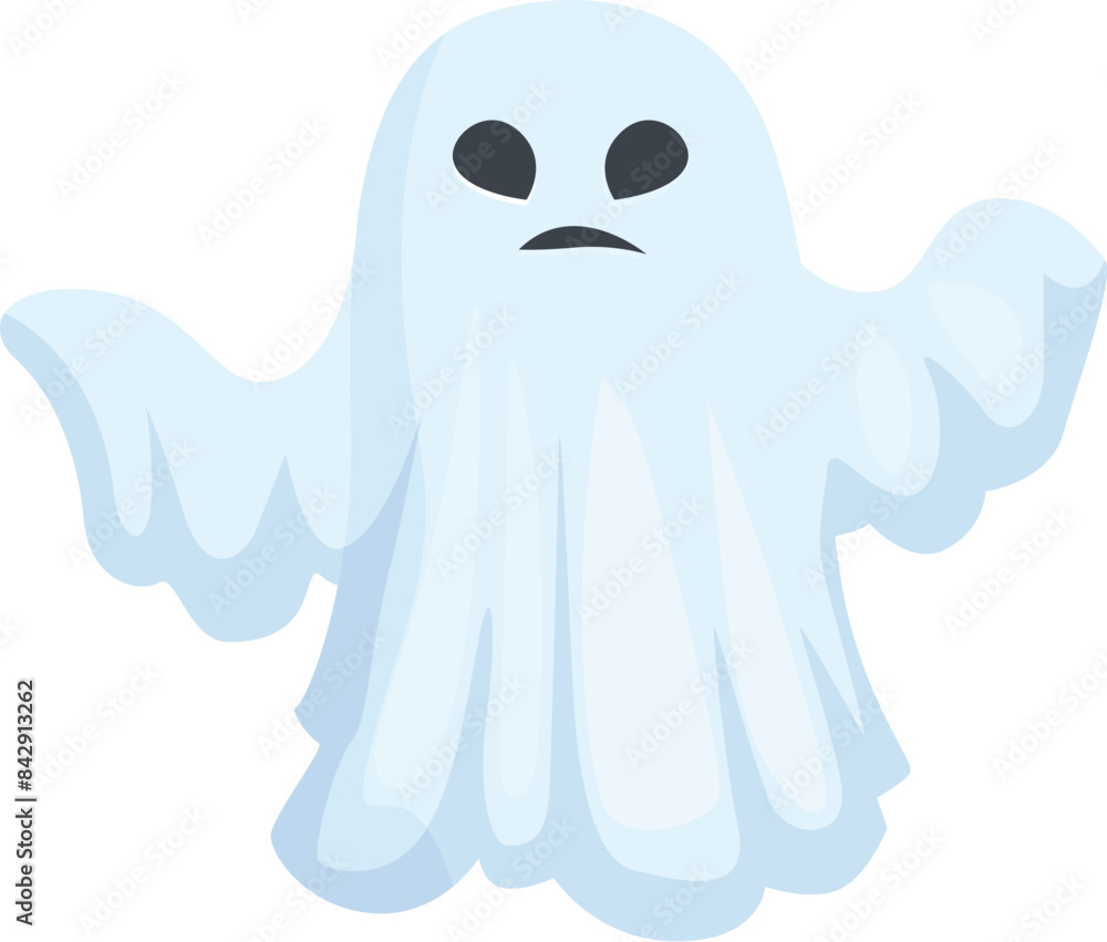 Poster cartoon ghost with a grumpy expression floating with arms outstretched