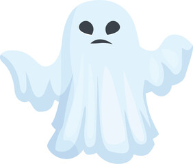Cartoon ghost with a grumpy expression floating with arms outstretched