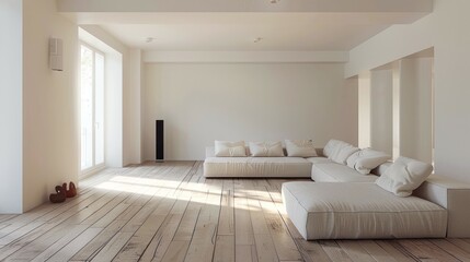 A spacious living room with a white sectional sofa, wood floors, and natural light streaming in from large windows